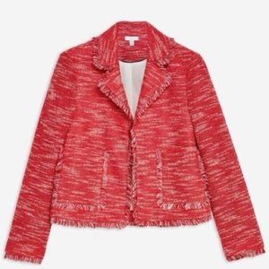 TOPSHOP Red Jersey Fringe Tweed Boucle Jacket NWT